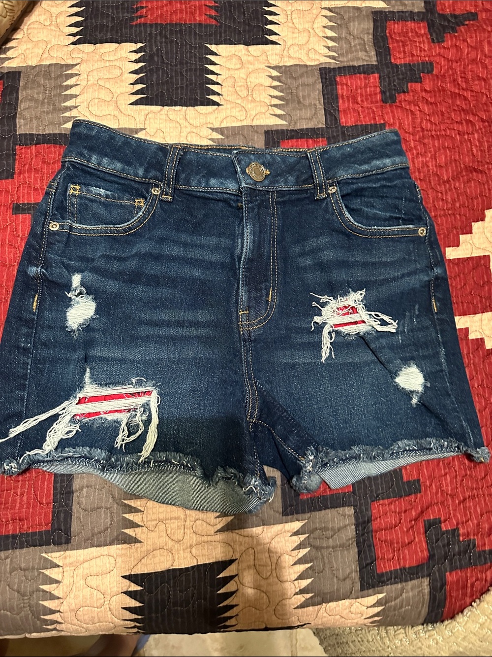 Dark Blue Distressed Jean Shorts with Red Patch Accents